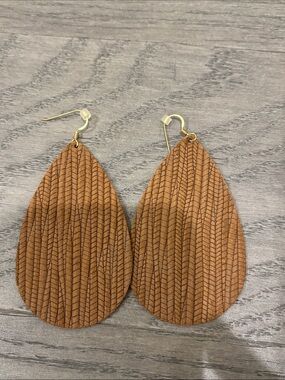 Nickel & Suede Brown Teardrop Leather-Style Earrings